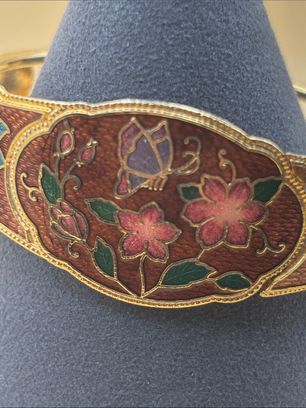 Gold-Tone Floral Cloisonné Hinged Bracelet in Brown Pink and Green - Picture 7 of 17